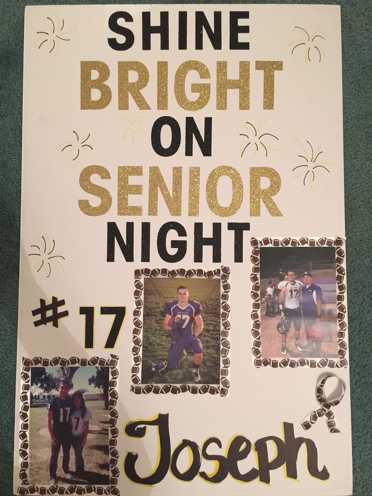 a poster with some pictures on it that says shine bright on senior night 17 joseph