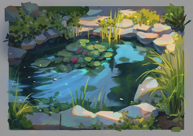 a painting of water lilies and rocks on the edge of a pond with grass