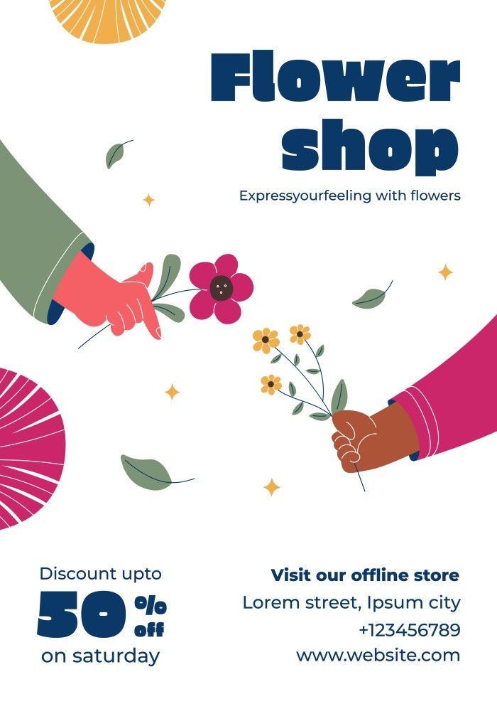 the flower shop flyer is shown with hands reaching for flowers