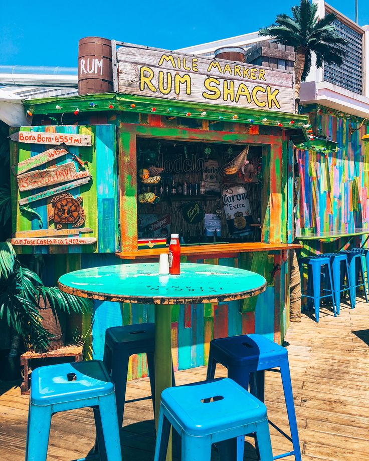 colorful tables and stools outside an outdoor run shack