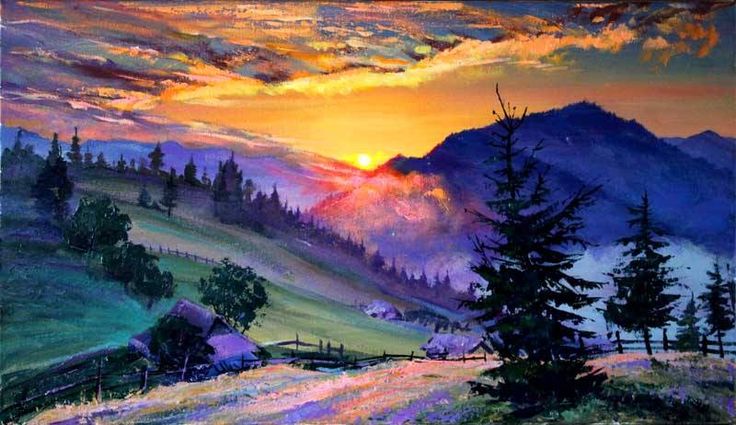 a painting of the sun setting over a mountain range with trees and mountains in the background