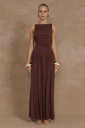 NALLA MAXI DRESS - BROWN Mother Of The Bride Dresses Brown, Chocolate Brown Formal Dress, Brown Dress Formal Classy, Mountain Formal Wedding Guest, Brown Maxi Dress Outfit, September Bridesmaid Dresses, Brown Bridal Party, Brown Bridesmaids Dresses, Winter Cocktail Party Dress