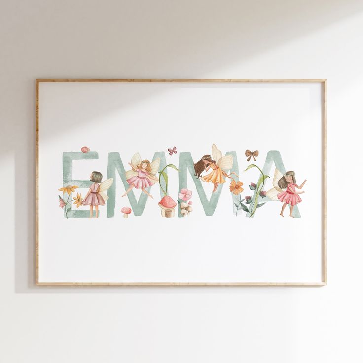 the word emva is made up of flowers and fairy figurines in pastel colors