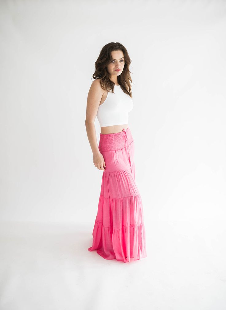 Maxi skirts are one of our favorite wardrobe essentials. Our Alara maxi is one you have to add to your closet. This lightweight, lined, flowy maxi skirt will be a wardrobe staple this spring, summer and beyond. So bring a little bit of joy to your day. Perfect for all types of warm weather days ahead! Size Chart Features: smocked waist drawstring maxi length lined fabric content: model is wearing a small. Height 5'4" Waist 26" Hips 34" bust 34 Flowy Maxi Skirt, Flowy Maxi Skirts, Denim Accessories, Maxi Skirts, Dress Romper, Short Tops, Bottoms Pants, Warm Weather, Wardrobe Essentials