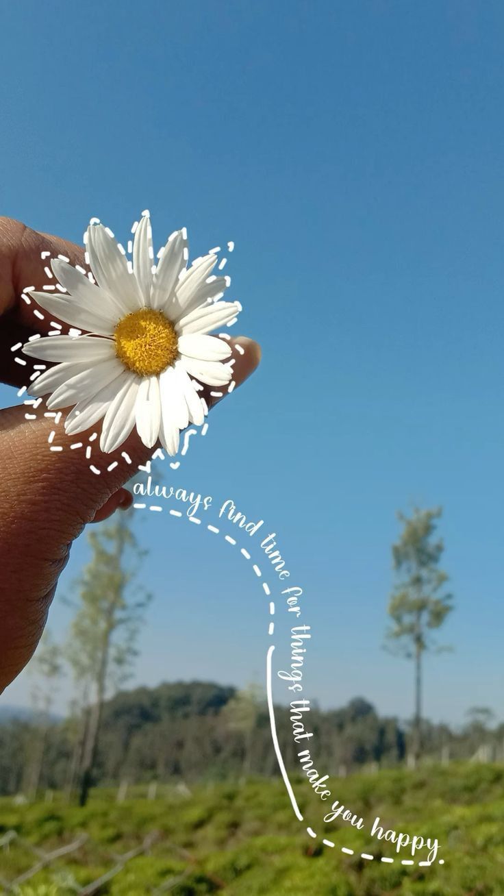 a person holding a daisy in their hand with the word happy written on it's side