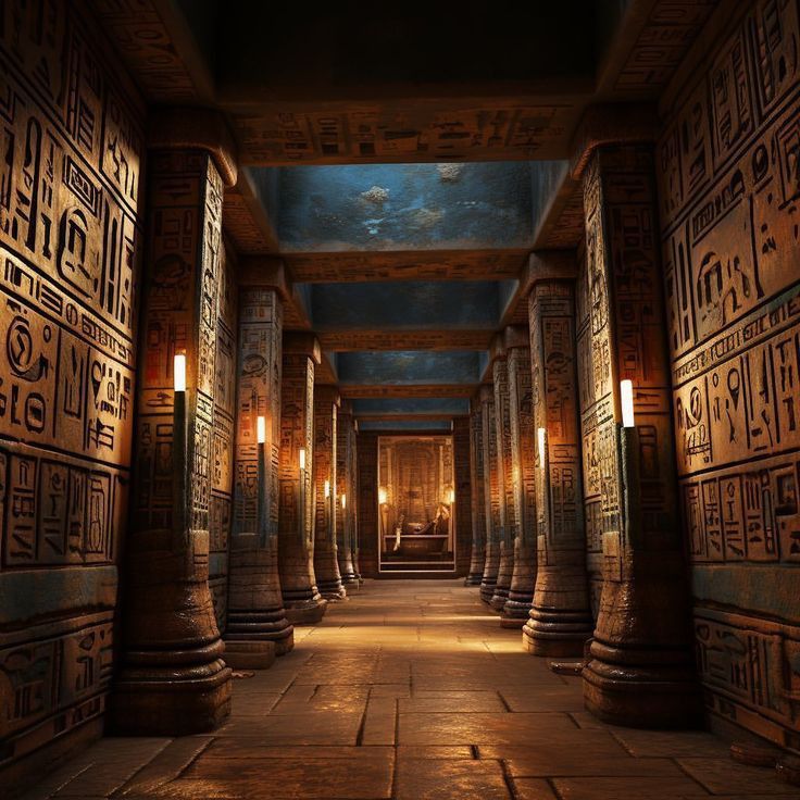 an egyptian style hallway with columns and lights