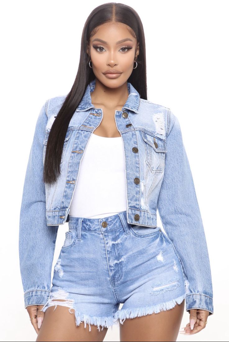 Boubou Styles For Women, Early Fall Outfits, Dressy Casual Outfits, Fashion Nova Outfits, Distressed Denim Jacket, White Dresses For Women, Cropped Denim Jacket, Current Fashion Trends, Denim Jacket Women