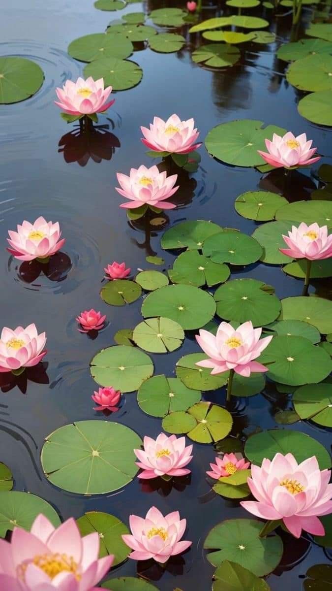 pink water lilies are floating in the pond