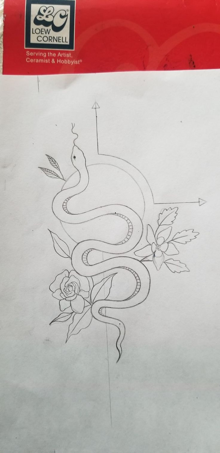 a drawing of a snake with roses on it