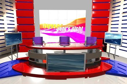 an image of a news studio set with three tvs on the table and two monitors