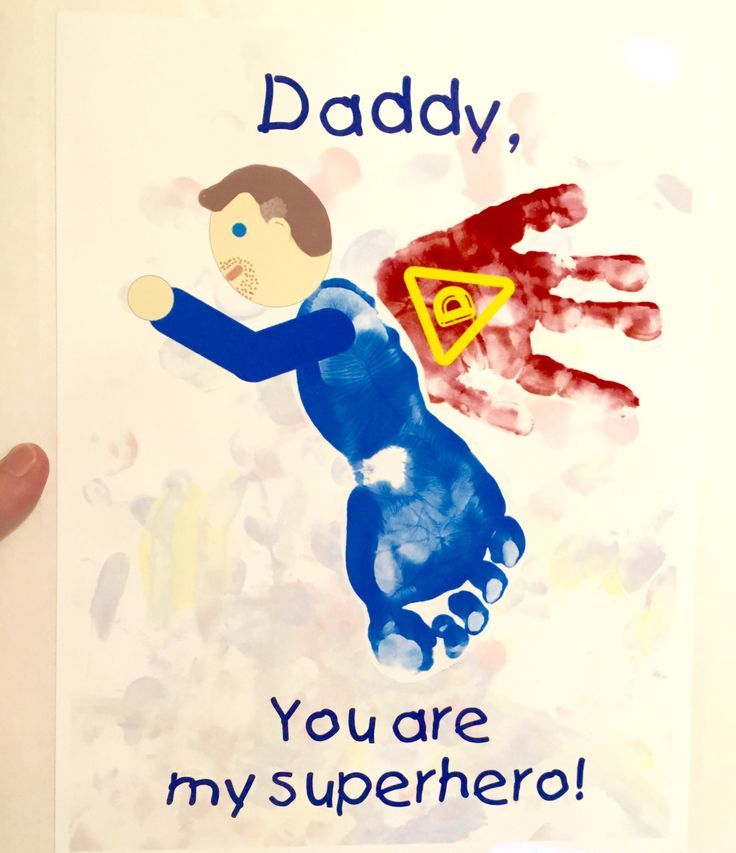 a father's day card with his handprinted dad and son holding up the sign that says, you are my superhero