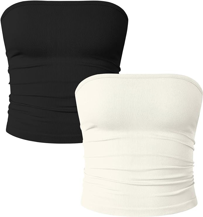 OQQ Womens 2 Piece Tube Tops Strapless Basic Sleeveless Stretch Classic-Fit Shirts Sexy Crop Tops Tube Tops, Strapless Tops, Cami Tanks, Amazon Women, Tube Top, Desktop Wallpaper, Workout Shirts, 2 Piece, Back To School