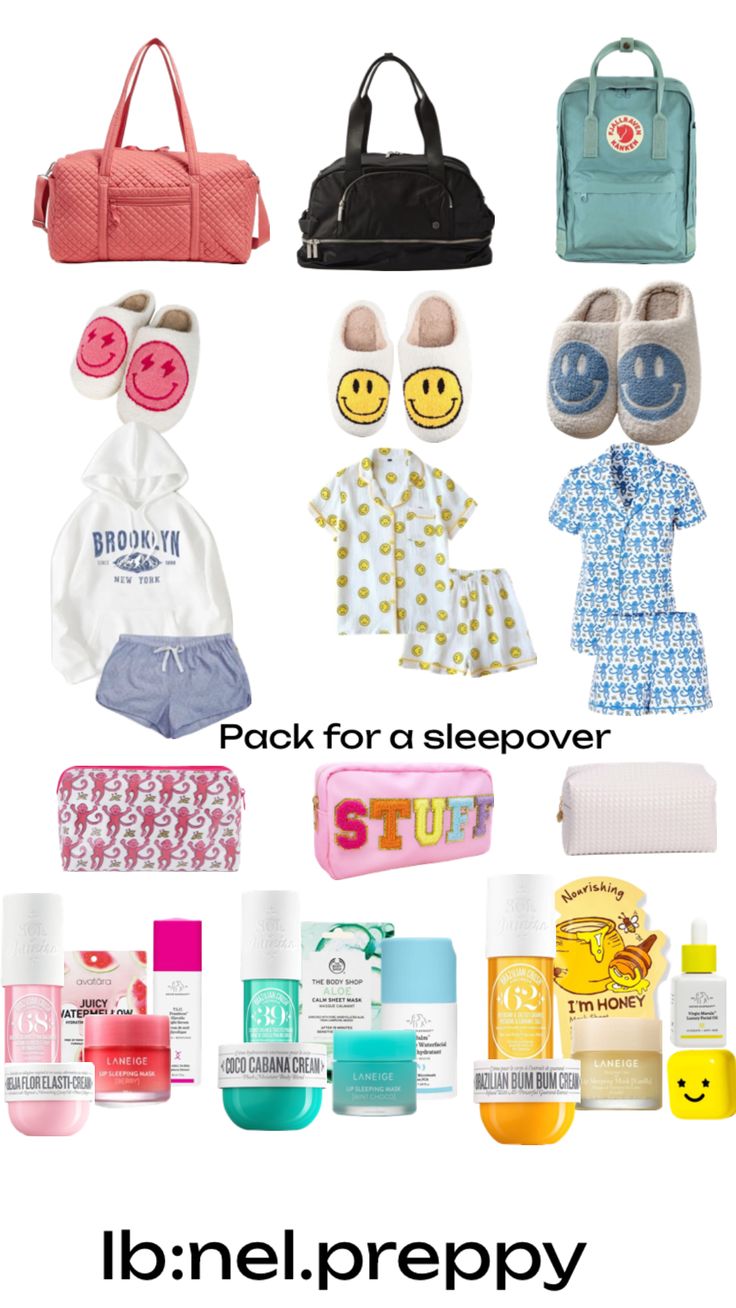 the contents of a travel bag with text that reads pack for a sleepover,