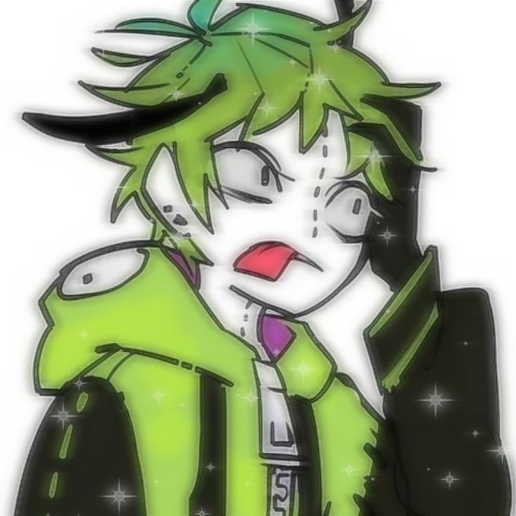 an anime character with green hair holding a cell phone to his ear and looking at the camera