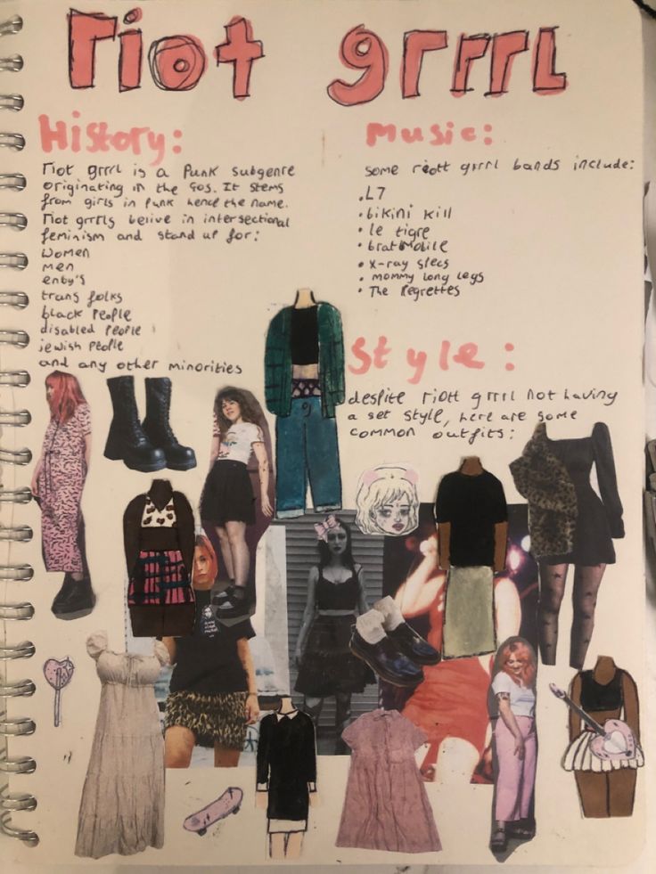 a spiral notebook with clothes and words written on the pages, including images of women's clothing