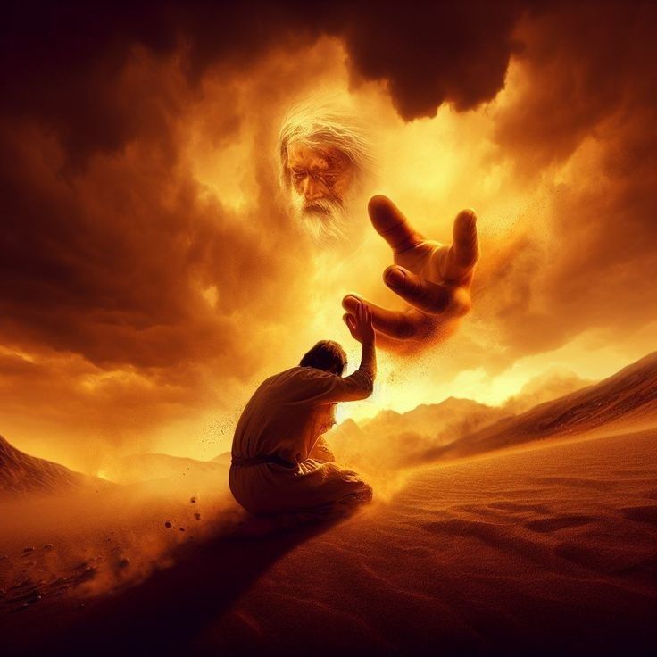 a man kneeling down in the desert with his hand reaching out to another person's head