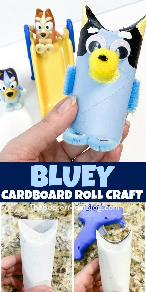 bluey cardboard roll craft for kids with instructions to make it in the shape of a cat