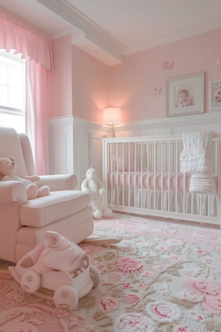 Cute Pink Nursery, Pink Girly Nursery, Pink Baby Nursery Ideas, Girly Nursery Ideas Pink, Girl Nursery Ideas Pink, Baby Pink Room, Pink Nursery Ideas, Baby Girl Pink Nursery