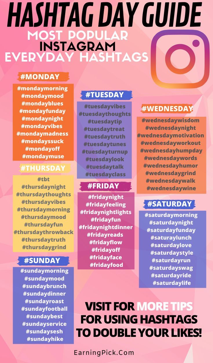 the hashtagg day guide for instagrams is shown in purple and pink