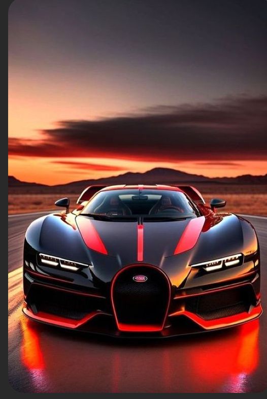 a black and red bugatti car driving down the road at sunset with mountains in the background