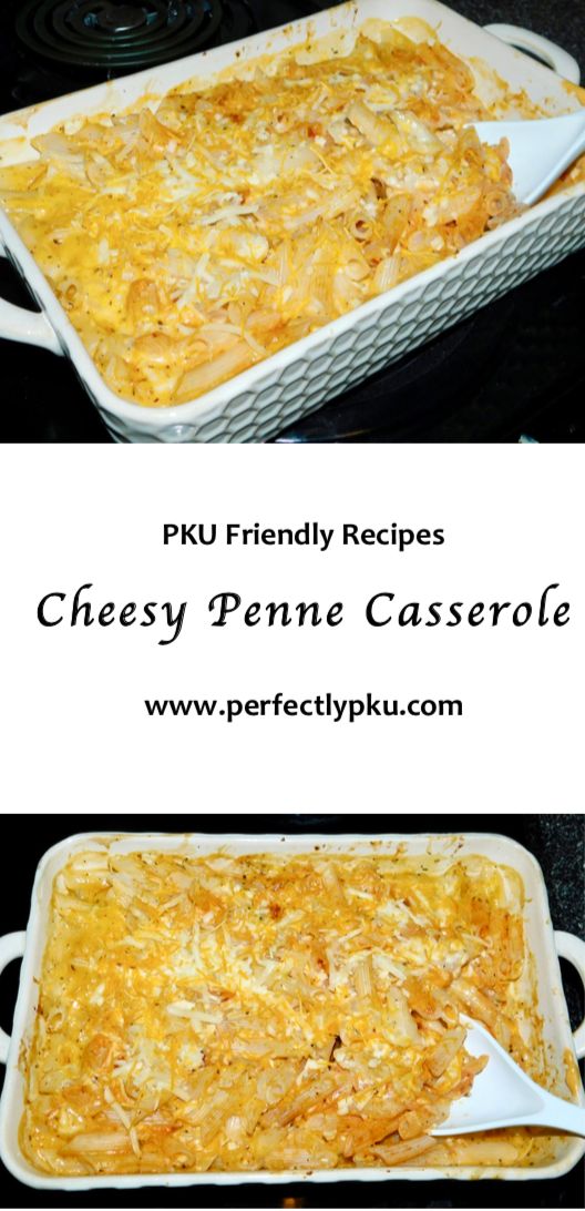 two pictures showing how to make cheesy penne casserole in the oven