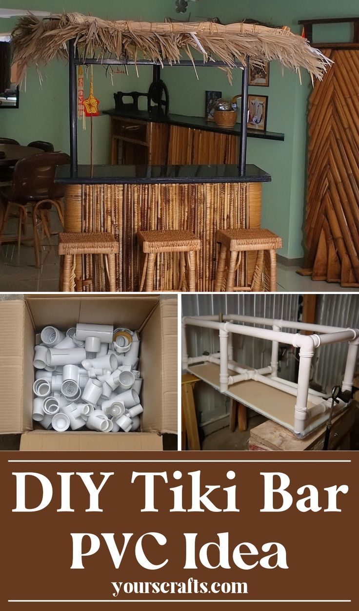 diy tiki bar with pallets stacked on top and the text overlay reads diy tiki bar pvc idea