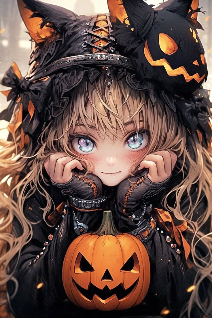 a girl dressed up as a cat and holding a pumpkin