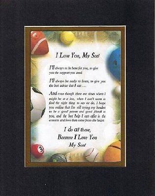 a framed poem with an image of balls on the bottom and words below it that says i love you, my son