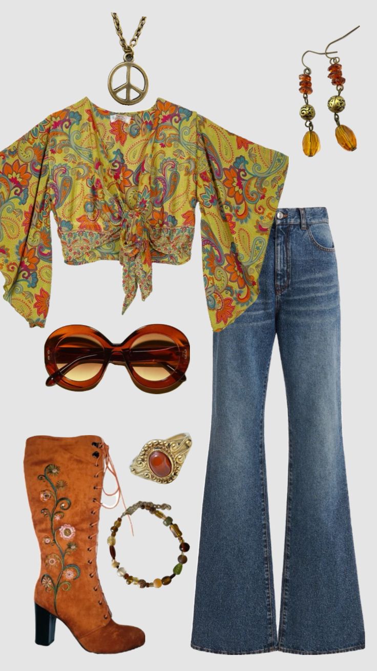 70s hippie inspired outfit #outfitinspo #vintage #hippie #70s #70shippie 70s Outfit Costume, Hippie Fancy Dress, 1950 1960 Fashion, 70s Dinner Outfit, 1970s Aesthetic Outfits, 70s Hippy Fashion, Diy 70s Outfit Women, 70s Girl Outfit, 70s Tie Dye Outfit