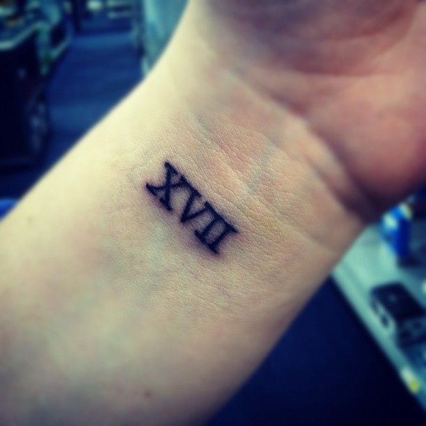 a small wrist tattoo with roman numerals on it