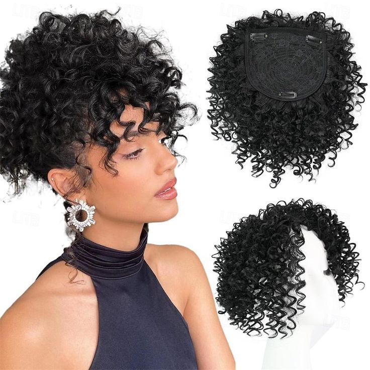 Afro Kinky Curly Short Hair Toppers with Bangs Black Clip in Synthetic Wiglets Hair Pieces for Men and Women with Thinning Hair Instant Volume and Style 2024 - $10.49 Hair Pieces For Men, Curly Short Hair, Hair Color Images, Curly Short, Types Of Lace, Monofilament Wigs, Hair Topper, Hair Wraps, Wig Making