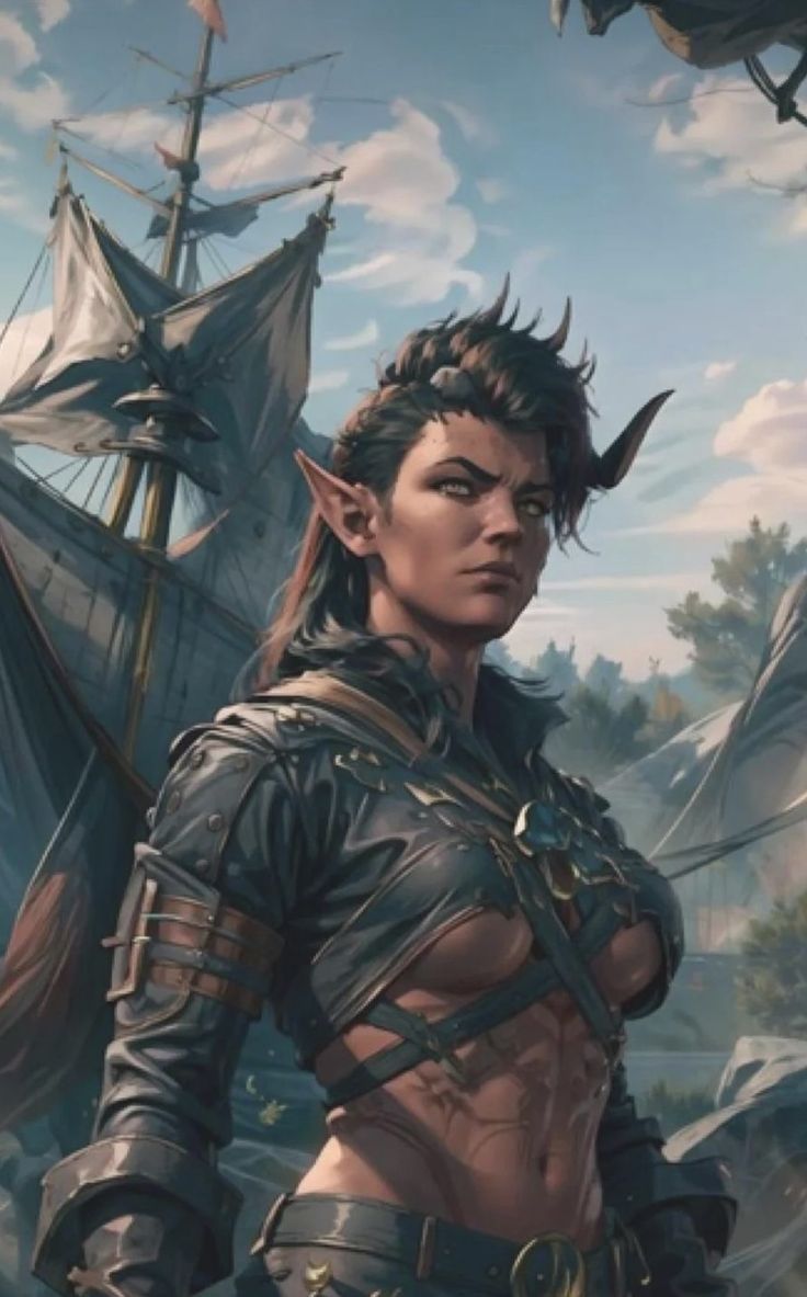 an image of a woman with horns on her head standing in front of a pirate ship