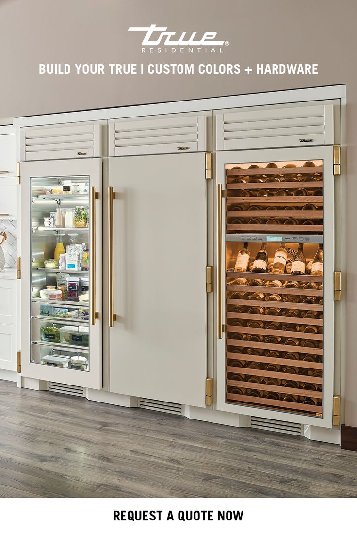 a kitchen with white cabinets and gold trim on the doors is featured in an ad for true refrigeration