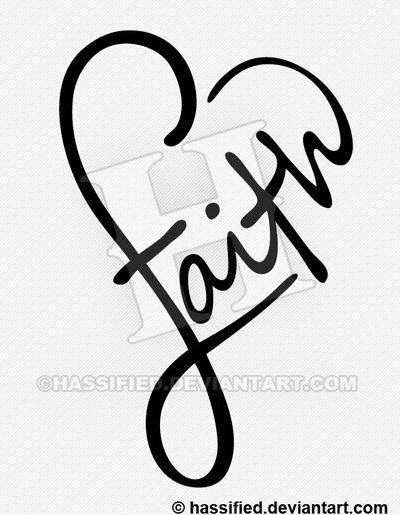 the word faith written in cursive black ink on a white background with a heart