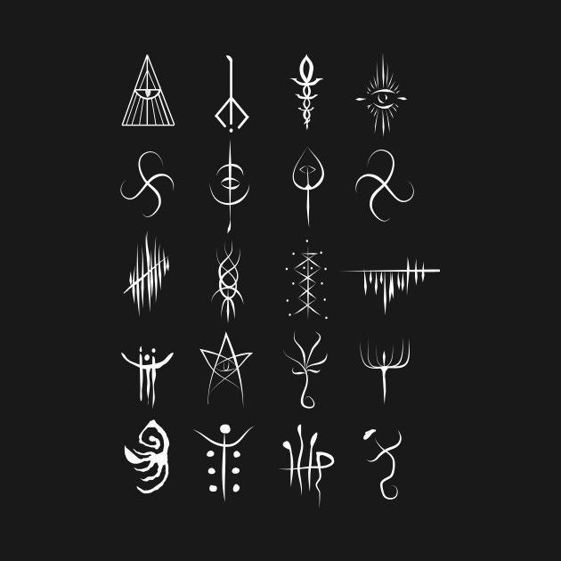 an image of different types of symbols on black background with white lettering and lines in the middle