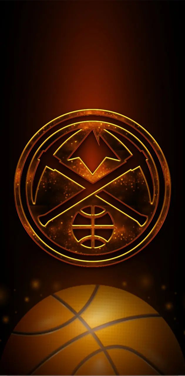 the golden basketball logo is shown on a dark background with lights around it and an orange ball