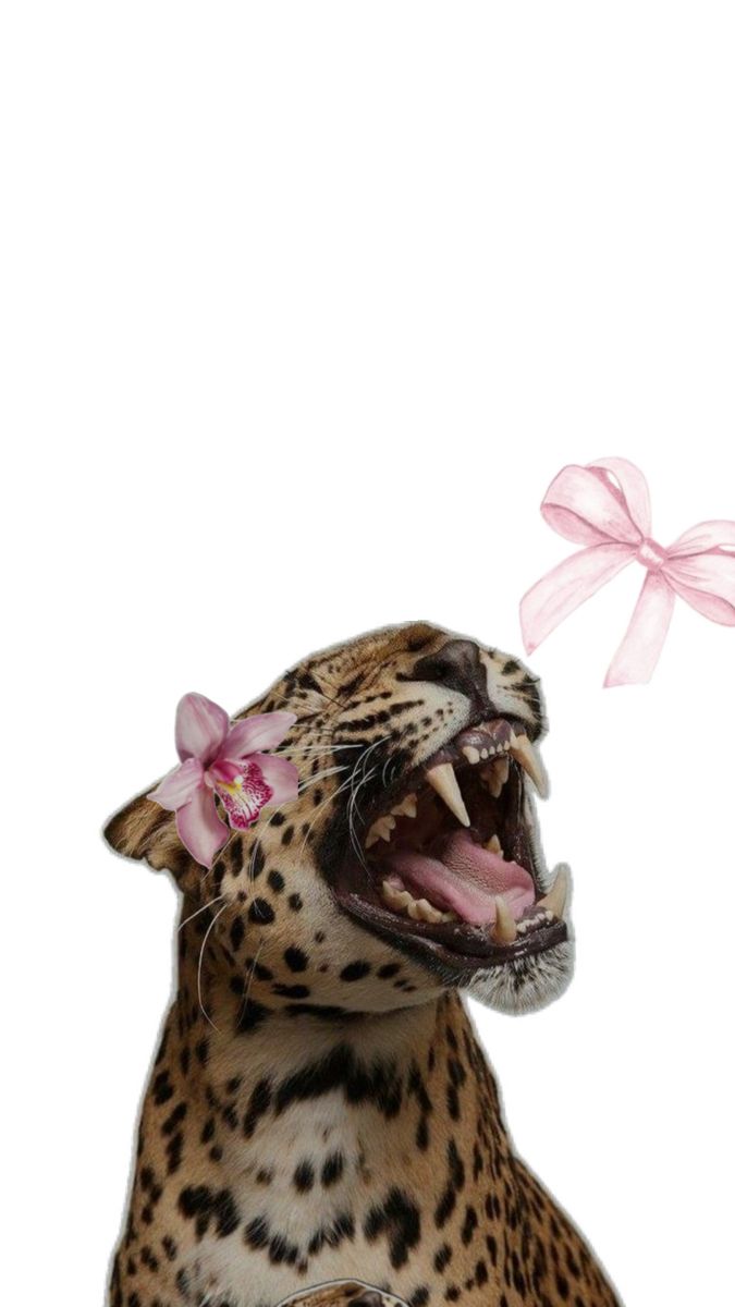 a leopard with its mouth open and a pink flower in it's mouth