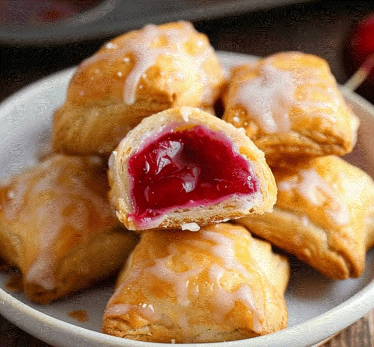 a white plate topped with pastries covered in jelly