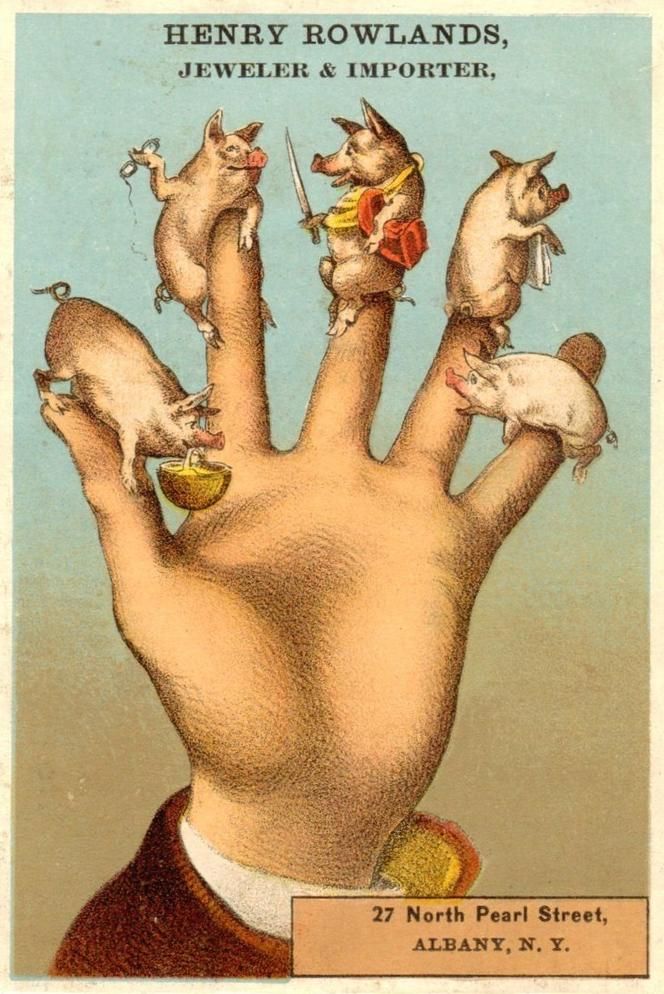 a hand with five little pigs on it's fingers and the words henry rowlands, jeweler & imforter