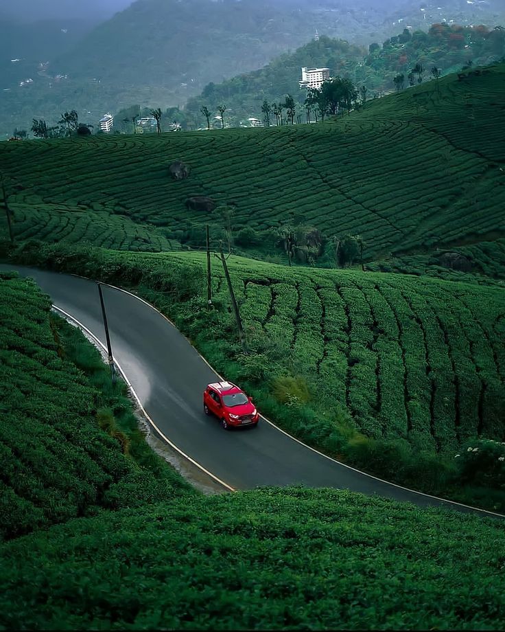 a red car driving down a winding road in the middle of a lush green hillside