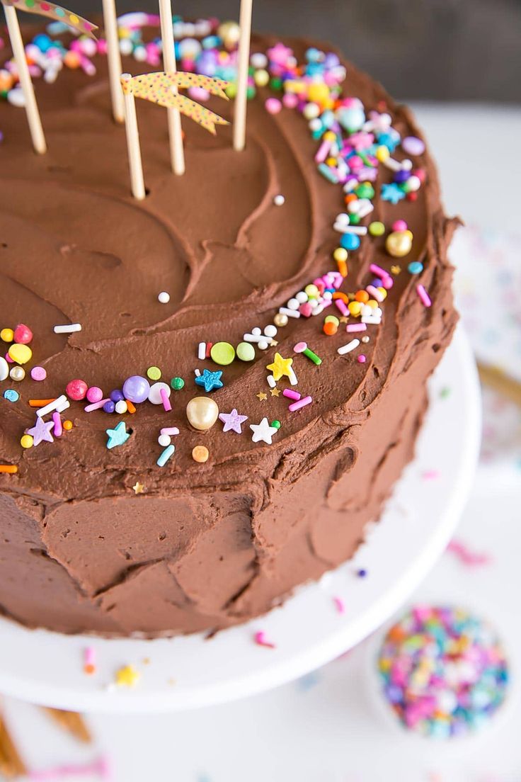 a chocolate birthday cake with sprinkles and candles on the top is ready to be eaten