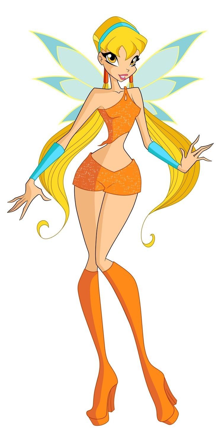 a cartoon fairy with long blonde hair and orange dress, standing in front of white background