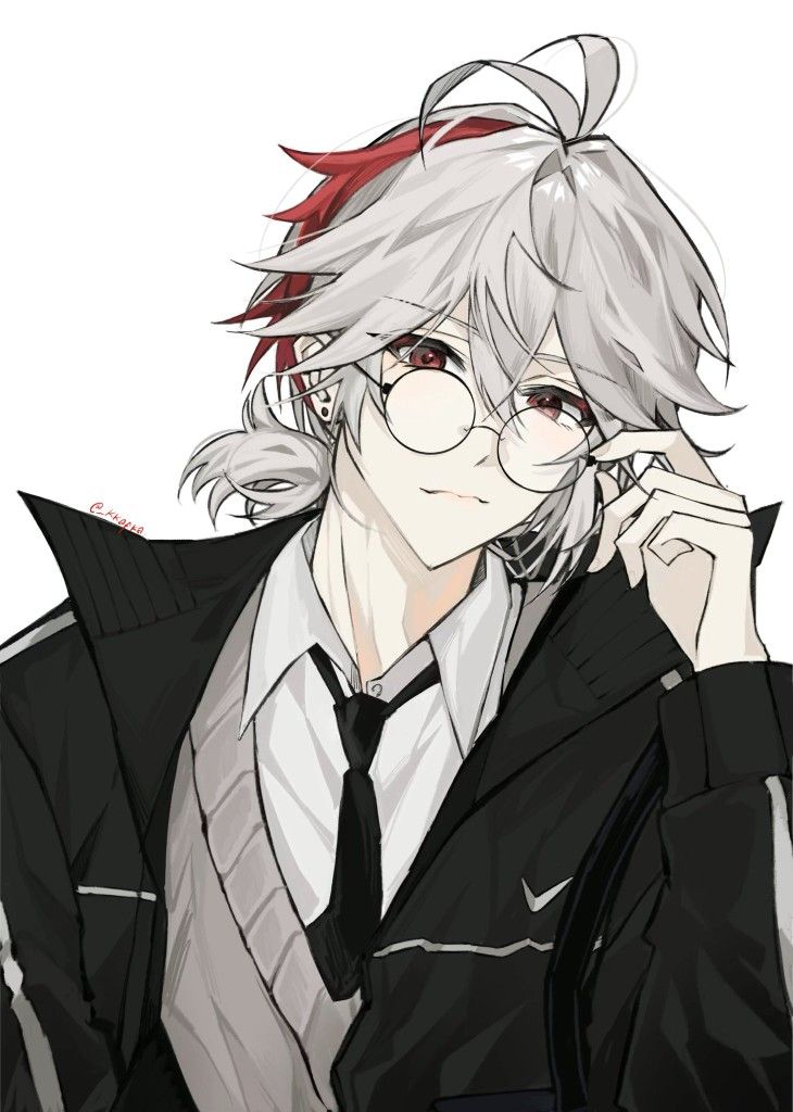 an anime character wearing glasses and a tie with his hair blowing in the wind,