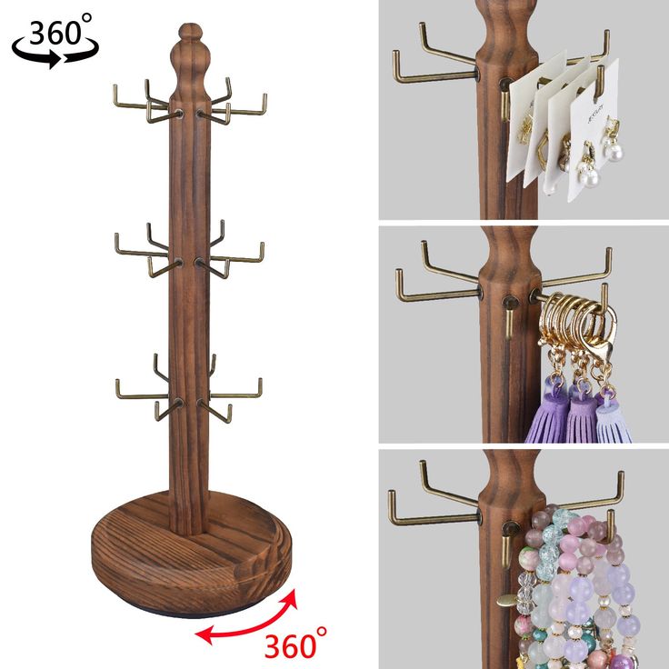 three pictures showing the size and shape of a coat rack with jewelry hanging on it