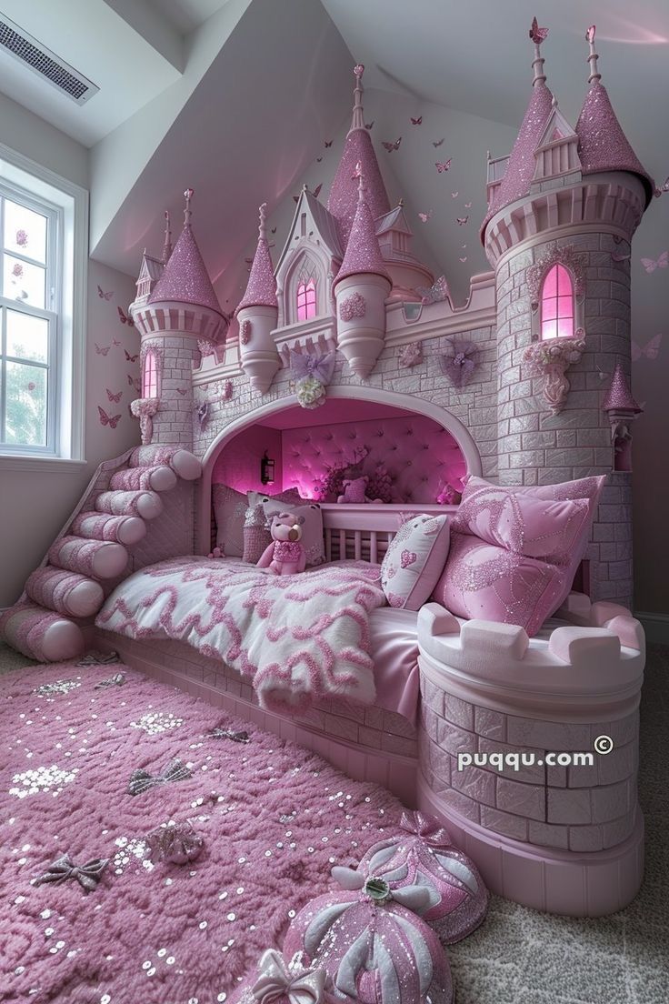 a pink princess castle bed with lots of pillows