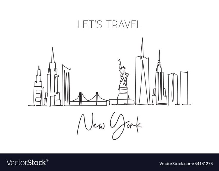 new york cityscape with the words let's travel in black and white