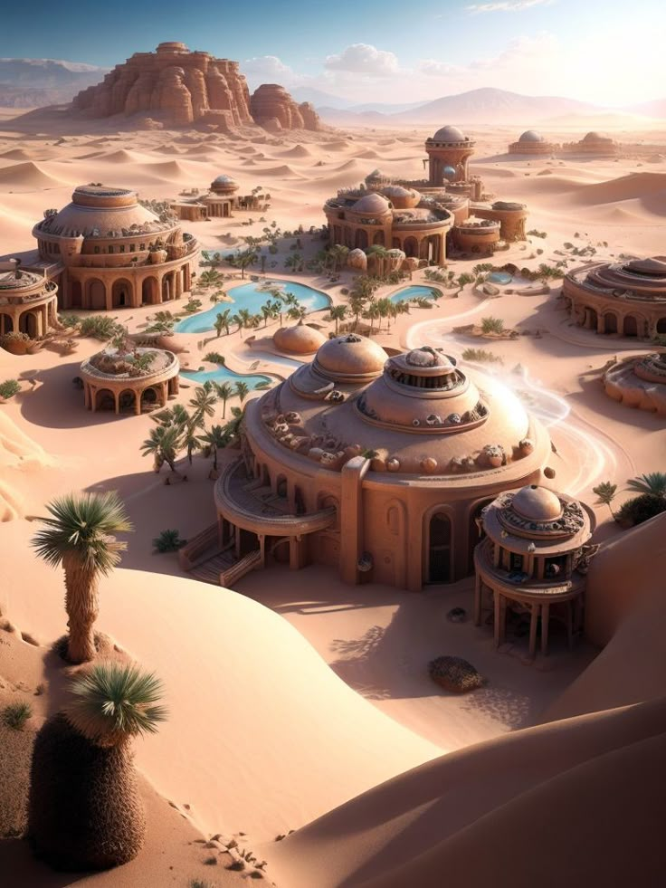 an artist's rendering of a futuristic desert town