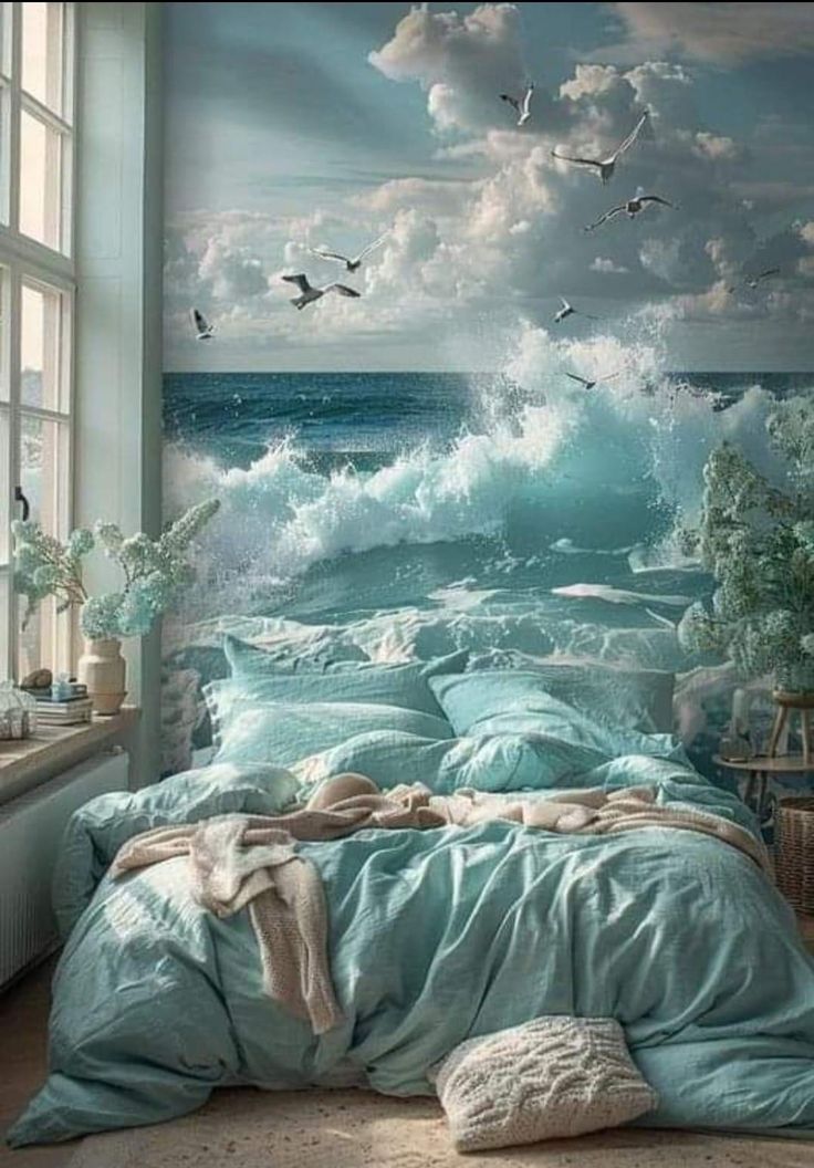 an ocean themed bedroom with sea foam and birds flying in the sky over the water