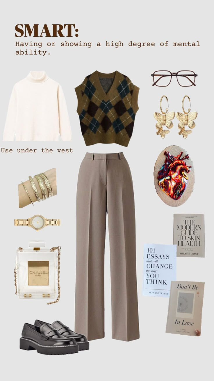 For my smart girlies, keep at it!🌕🗝�️🖋️📝🤎…#darkacademia #lightacademia #smart #girl #woman #women #outfit #aesthetic #brown #vest #longsleeve #formal #books #bookworm #reading #tips #vintage #vibes #me #era # selfcare #independent #coco #channel #watches #gold #jewelry #selfimprovement #selfgrowth #girlboss #writer #reader #beige #yeah Classics Student Aesthetic Outfit, Smart Clothes Aesthetic, Outfit Ideas Vintage Classy, Book Worm Aesthetic Outfit, Vintage Girly Outfits Aesthetic, Vintage Journalist Outfit, Writer Clothes Aesthetic, Library Aesthetic Clothes, How To Dress Like A Writer