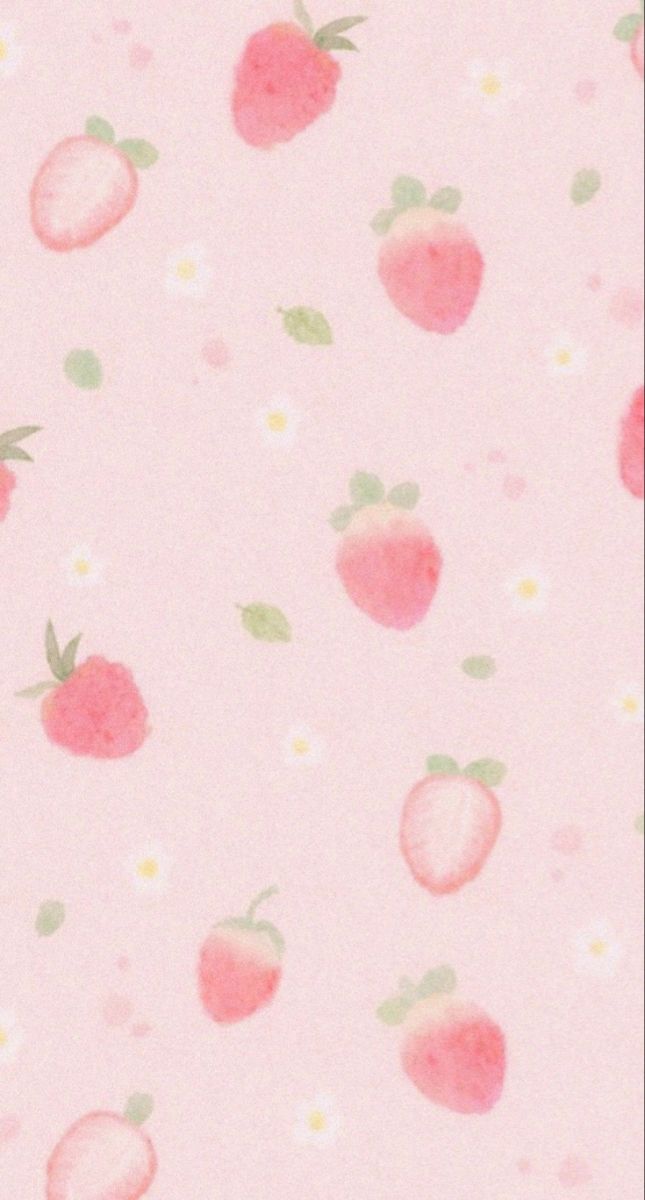 a pink background with strawberries and daisies